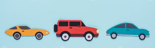 Preview: top view of paper cut various cars on blue background, panoramic shot
