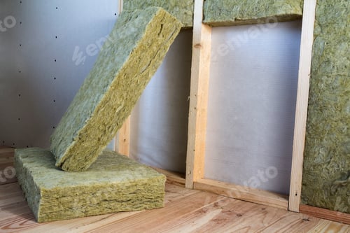 Preview: Wooden frame for future walls with drywall plates insulated with rock wool
