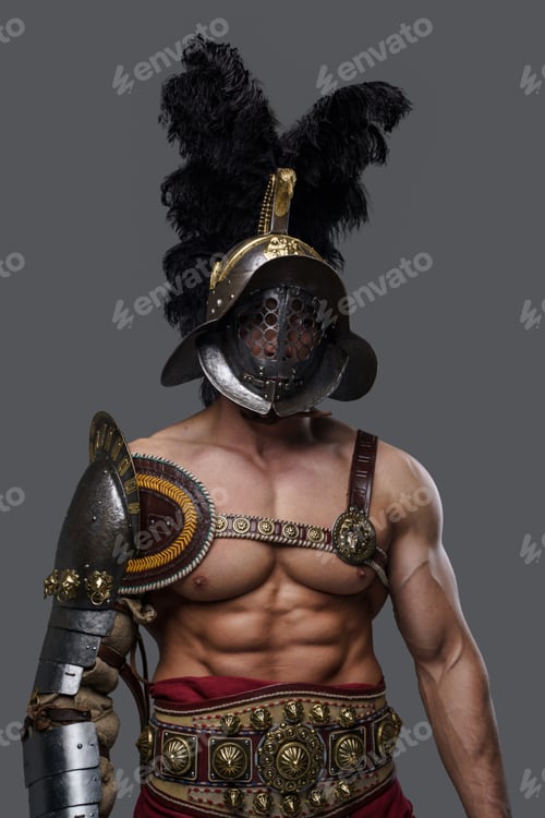 Preview: Naked colosseum warrior with helmet isolated on gray background