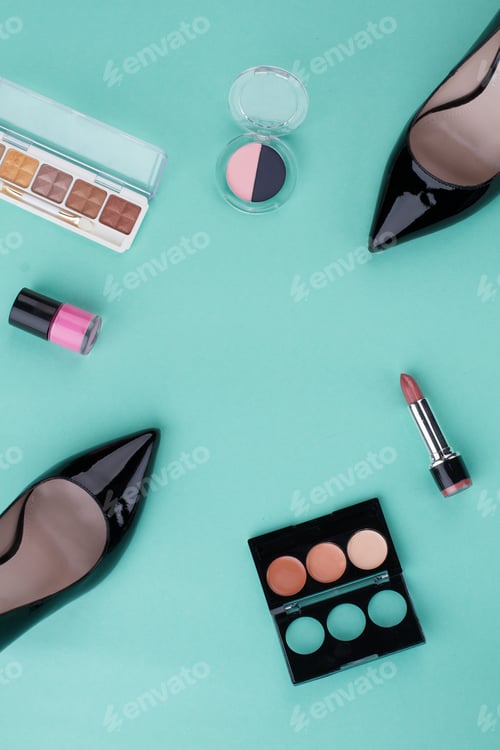 Preview: Cosmetics and Black Heels Flat Lay Still Life