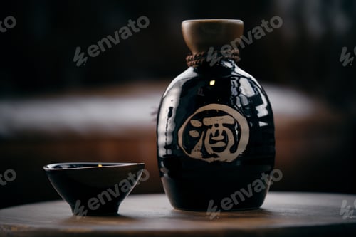 Preview: Ceramic jar of sake and small cup placed on table