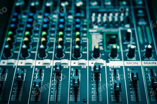 Preview: Closeup some part of audio mixer, vintage film style, music equipment concept