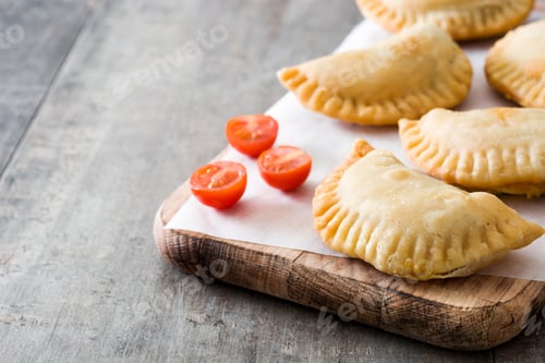 Preview: Empanadas with cherry tomatoes on wooden cutting board: delicious savory pastries