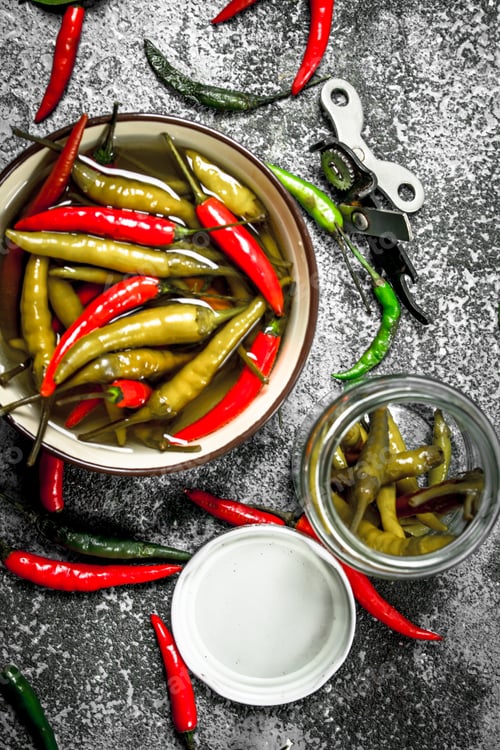 Preview: Pickled chili peppers in a bowl.