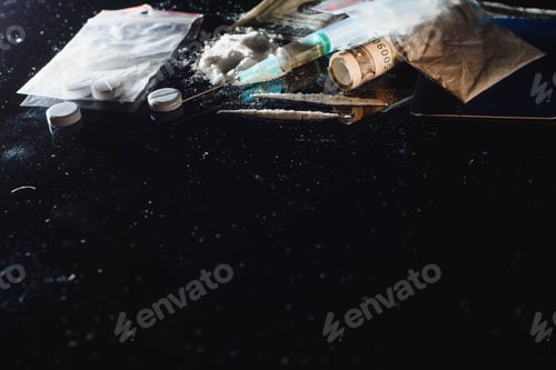 Preview: Hard drugs on dark table.