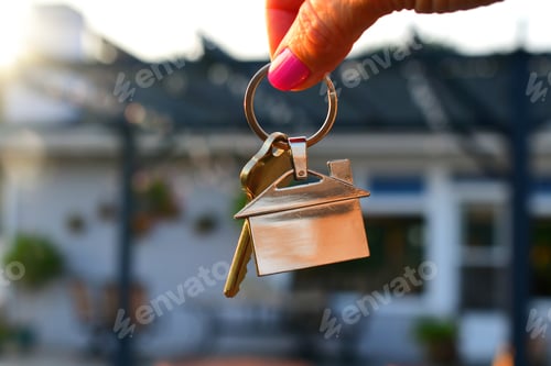 Preview: Female hand of realtor holding a set of keys outside home with pergola & flowers during golden hour.