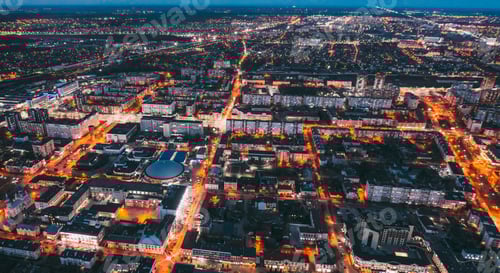 Preview: Brest, Belarus. Night Aerial Bird's-eye View Of Brest Cityscape Skyline. Famous Landmark Church Of