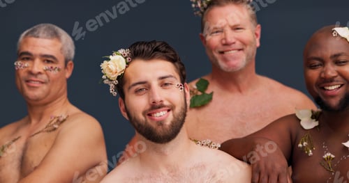 Preview: Beauty, portrait and men with flowers in studio for cosmetics, wellness and spa treatment. Happy, a