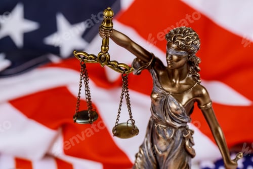 Preview: United States of America in Law and Justice statue of Lady Justice with USA flag