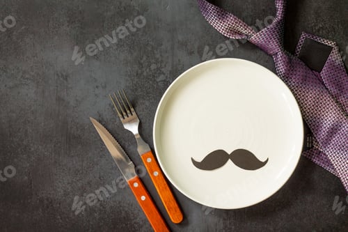 Preview: Happy fathers day concept. Table setting - plate, tie, cutlery
