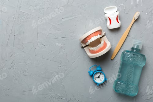 Preview: Mouthwash and other oral hygiene products on colored table top view with copy space