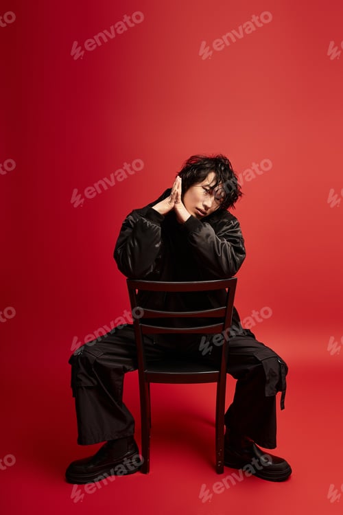 Preview: Red canvas asian fashion portrait capturing serene style and contemplative cool