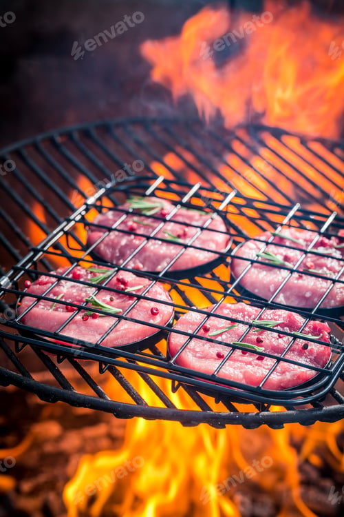 Preview: Roasting red beef with rosemary and pepper on grill