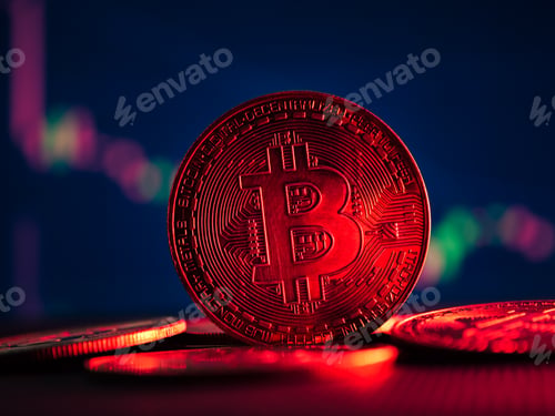 Preview: Coins with bitcoin symbol on red light and crypto stocks chart background.