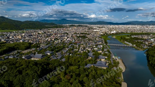 Preview: Aerial view of the Sagatenryuji Susukinobabacho, summer in Kyoto, Japan