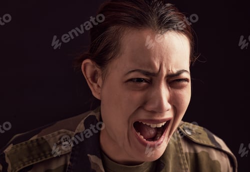 Preview: War, crying and military woman with ptsd, trauma and anxiety, screaming or shouting. Mental health,