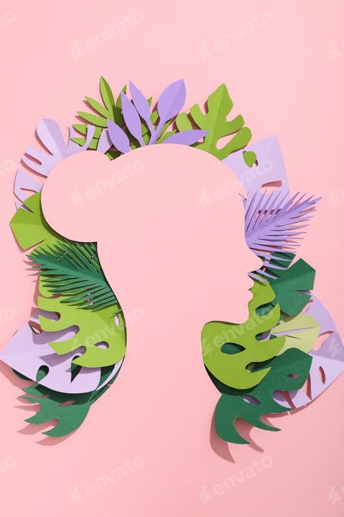 Preview: Paper female head with paper decorative leaves