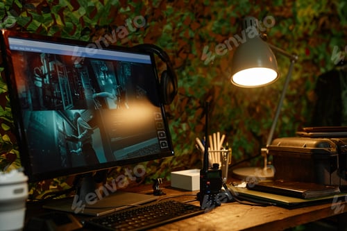 Preview: Computer screen with camera broadcast standing on workplace