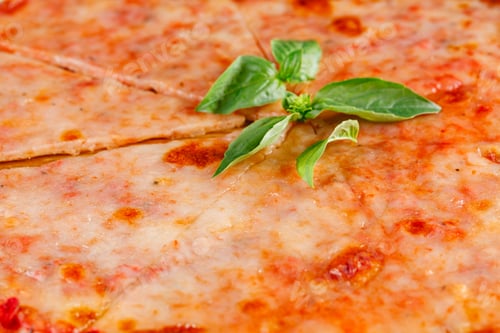 Preview: Pizza margarita on wooden board on dark background. Close-up