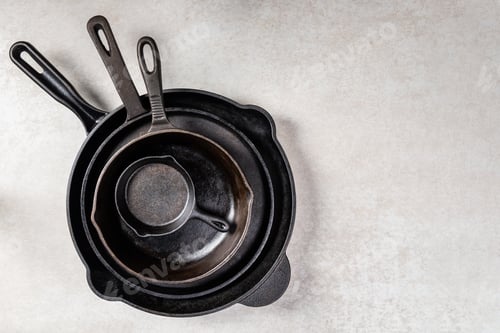 Preview: Cast iron Pans or Skillets on Grey Background