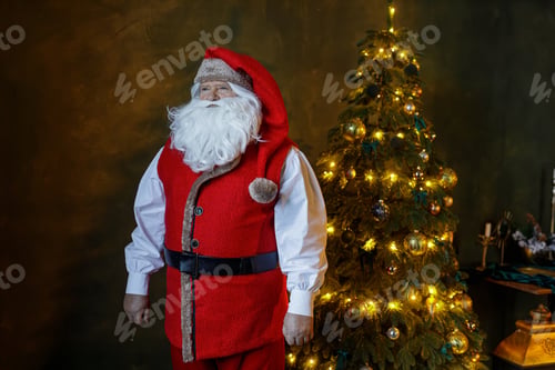 Preview: Santa standing by a glowing Christmas tree with warm lights and copy space