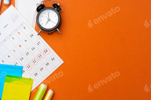 Preview: Menstruation calendar with sanitary pads and tampons, pills