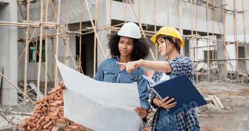 Preview: The engineer manager and the female foreman are standing on the building site.