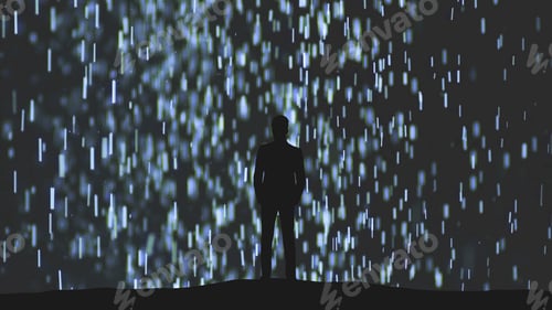 Preview: The man in suit standing on a falling shimmering particles background.
