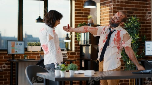 Preview: In love dead walking couple getting married inside company workspace.
