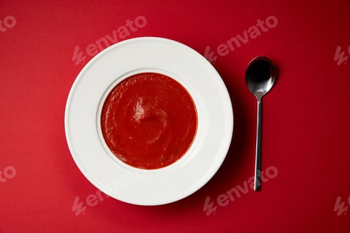 Preview: elevated view of tomato soup in plate and spoon on red table