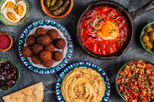 Preview: Falafel, hummus, shakshuka, Israeli salad - traditional dishes of Israeli cuisine.
