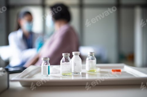 Preview: Vials on tray in hopsital, coronavirus and vaccination concept