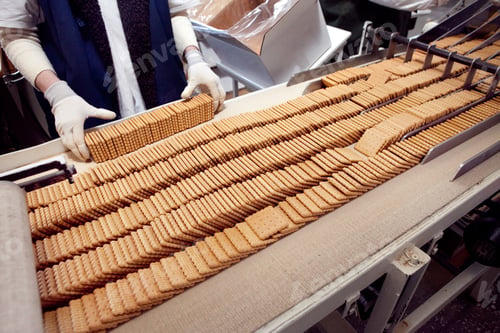 Preview: A tray of ready-made cookies is taken from the conveyor belt in the bakery