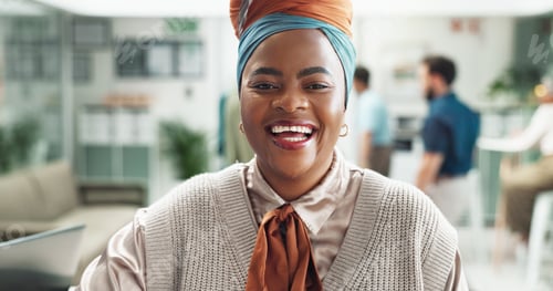 Preview: Laugh, portrait and business woman, receptionist and secretary coworking in startup office. Face, h