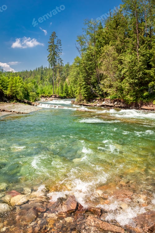 Preview: Wild turquoise river in Tatras mountains in sunny day