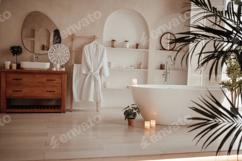 Preview: Luxurious interior bathroom in modern minimalist bright earth tones style with oval bathtub