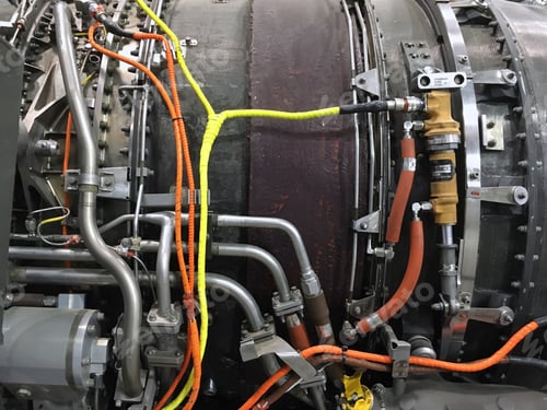Preview: Jet engine closeup, metallic pipes, wires and mechanical systems, technology science background