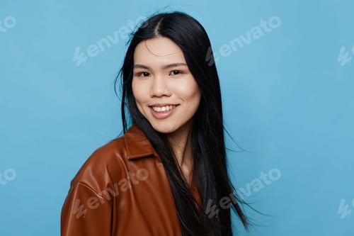 Preview: Woman girl blue happy studio background smile asian trendy