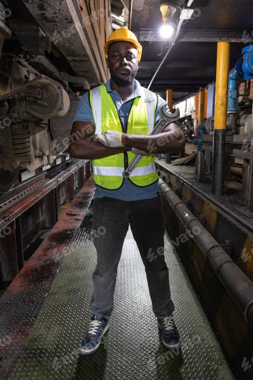 Preview: Portrait of Engineer train Inspect the train's diesel engine, railway track in depot of train