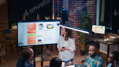 Preview: Team working on company analytics presentation in business meeting