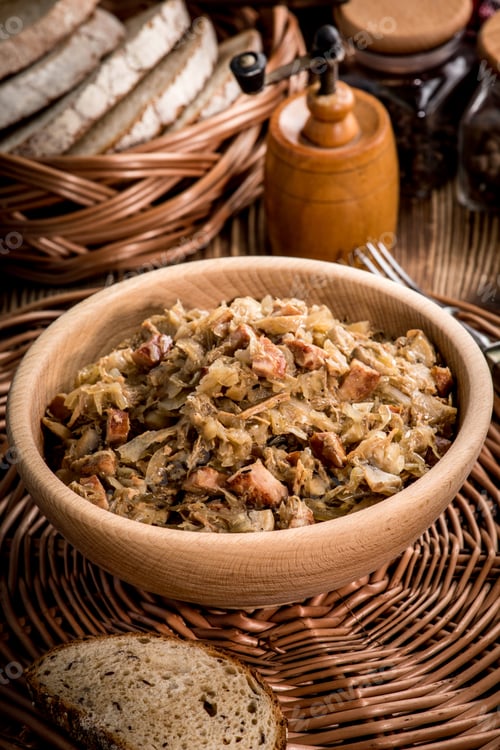 Preview: Bigos - stewed cabbage with meat,dried mushrooms and smoked sausage.