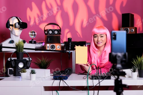 Preview: Woman with pink hair talking with subscribers while recording notebook review using smartphone