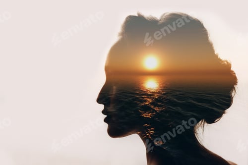 Preview: Multiple exposure sunrise and sea inside woman silhouette. Psychology concept