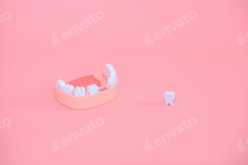 Preview: Teeth loss concept. Wooden jaw model with missing or extracted tooth with sad emoji on pink backgrou
