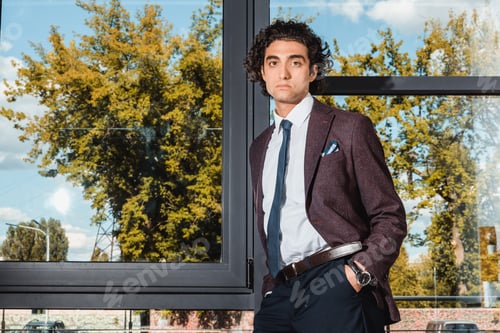 Preview: portrait of businessman with hands in pockets standing at window and looking at camera