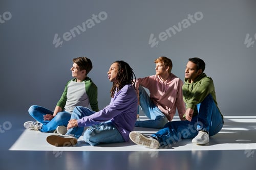 Preview: four young men in casual outfits sitting on floor on grey background and looking away, diversity