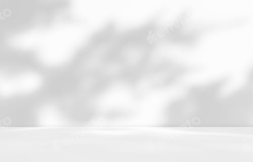 Visualização: Estúdio de sala branca vazia com efeito de sobreposição de sombra de folhas para exibição de apresentação do produto.