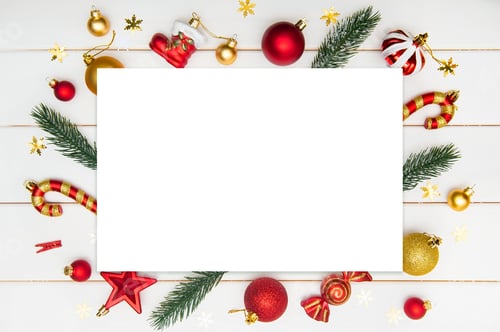 Preview: Flat lay composition with Christmas decoration and blank card on white wooden table.