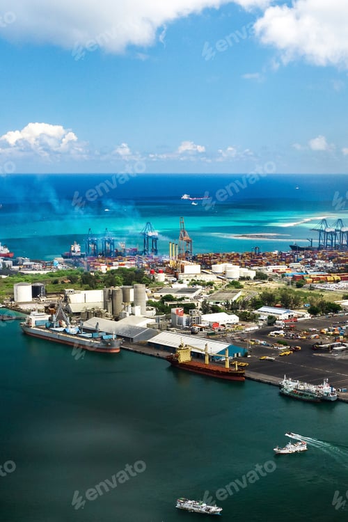 Preview: Aerial view of the port on the waterfront of PORT LOUIS, Mauritius, Africa