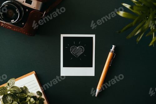 Preview: Top view of a flat lay polaroid shot with heart